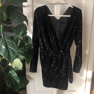 Long sleeve black sparkle Hours wrap dress